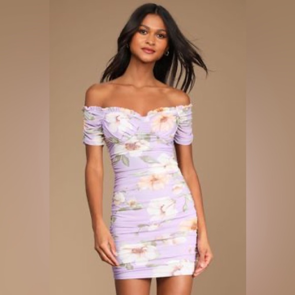 NWT Privy lavender floral sweetheart mini dress off the shoulder ruched M
